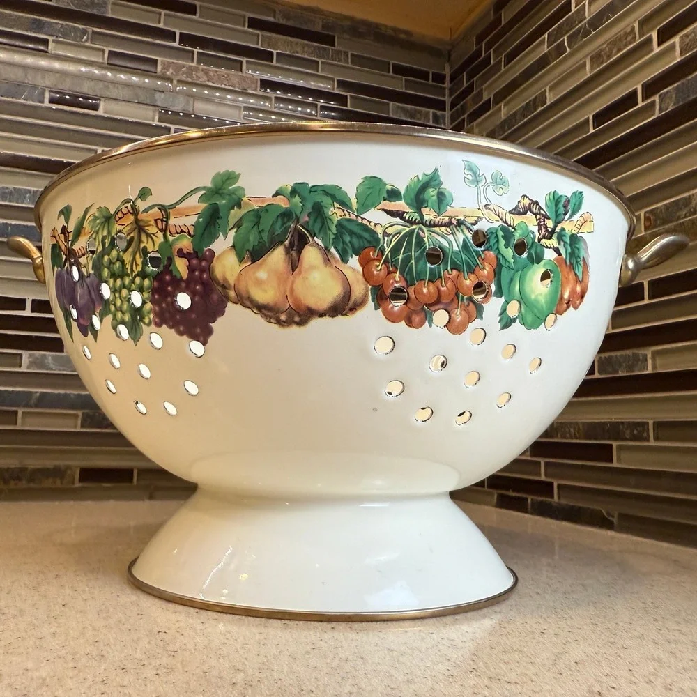 Vintage Enamel Fruit Colander White‎ Pedestal Strainer Brass Handles Cottagecore